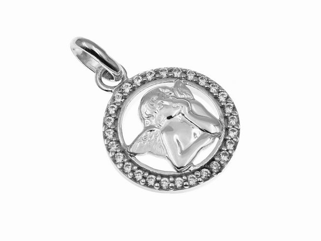 Anhänger Schutzengel aus rhodiniertem Sterling Silber, verziert mit Zirkonia, zeigt einen detailreichen Engel in einem runden Rahmen, perfekt als Schmuckstück oder Geschenk.