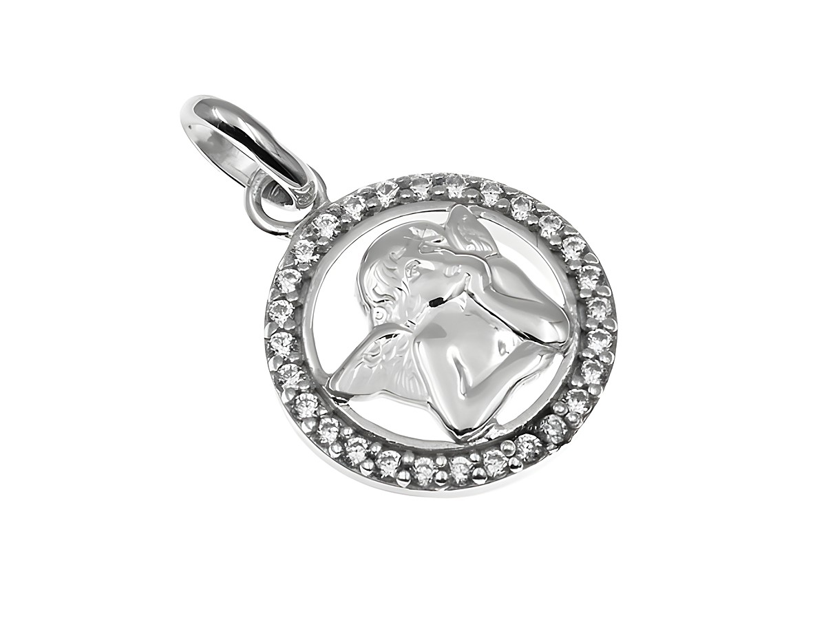 Anhänger Schutzengel aus rhodiniertem Sterling Silber, verziert mit Zirkonia, zeigt einen detailreichen Engel in einem runden Rahmen, perfekt als Schmuckstück oder Geschenk.