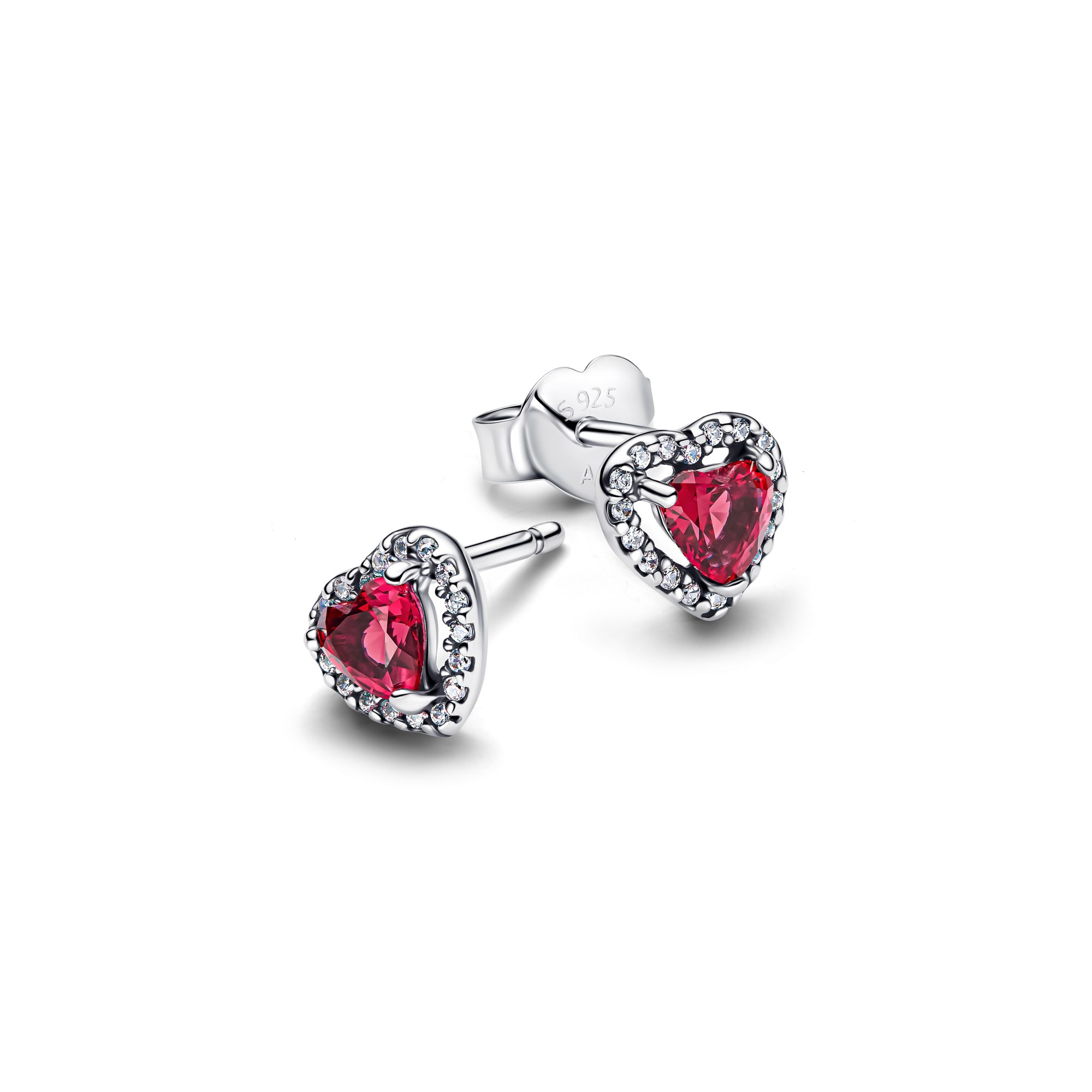 Pandora Erhabene rote Herz Ohrstecker - Silber - Steinmix - Pink – Ansicht 2