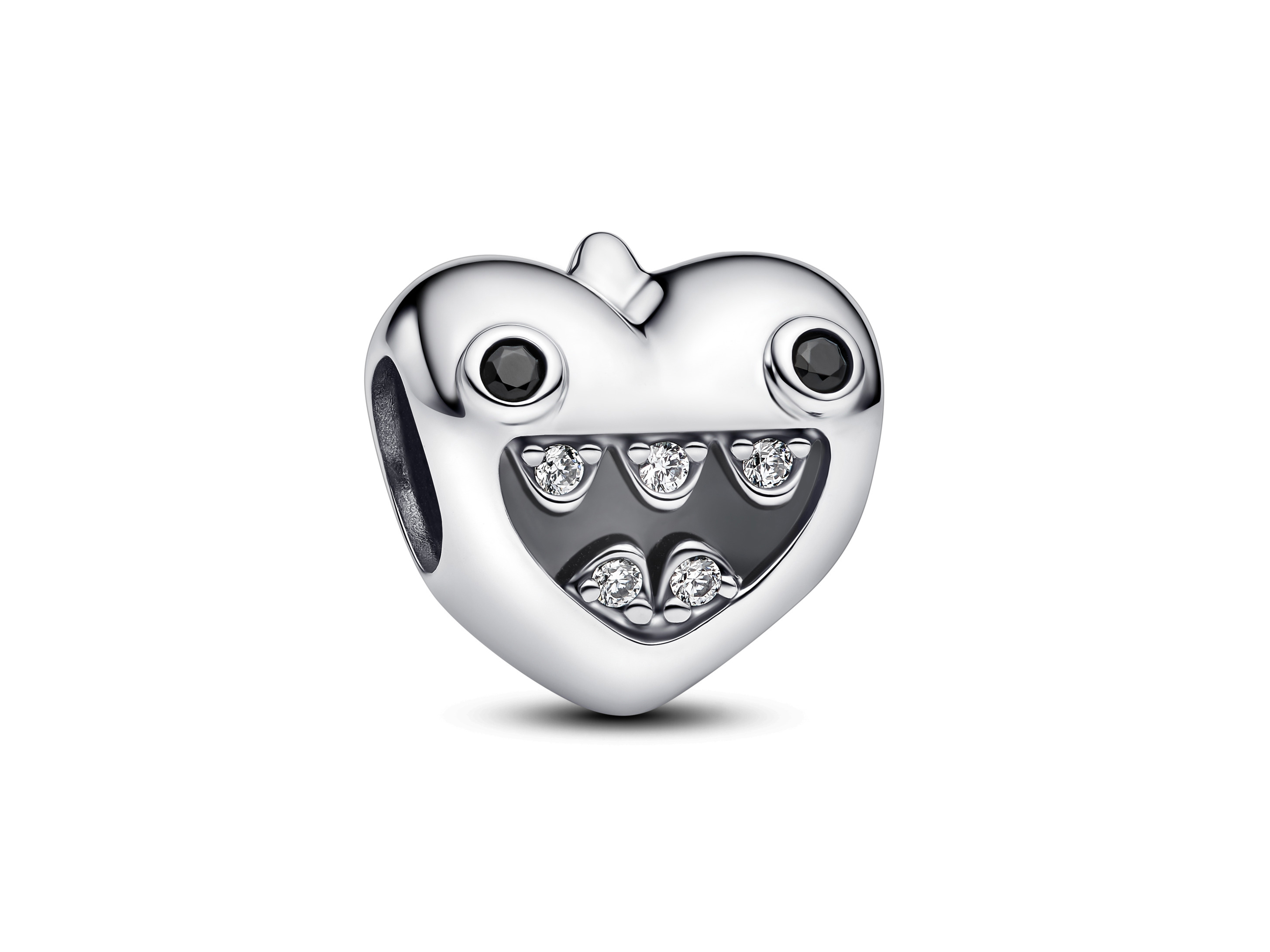 Charm in Herzform aus Sterling Silber mit schwarz und klaren Steinen, zeigt ein verspieltes Monsterdesign und gehört zur neuen Kollektion von Pandora, Mum's Little Monsters.