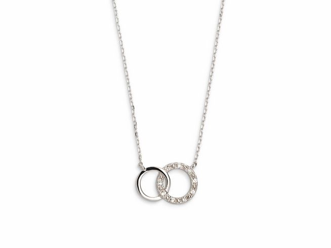 Weißgoldene Karreekette von Xenox mit zwei Ringen, davon einer besetzt mit glitzernden Zirkonia, Länge 45 cm, eleganter FASHION-Stil, 375 Echt Gold.