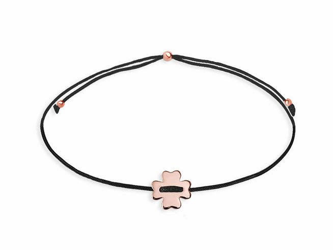Xenox Sterling Silber Armband XS1687R CRAZY DAISY in Roségold Vergoldung mit Kleeblattmotiv, schmales schwarzes Band mit verstellbaren Knoten, elegante und moderne Designs für modebewusste Träger.