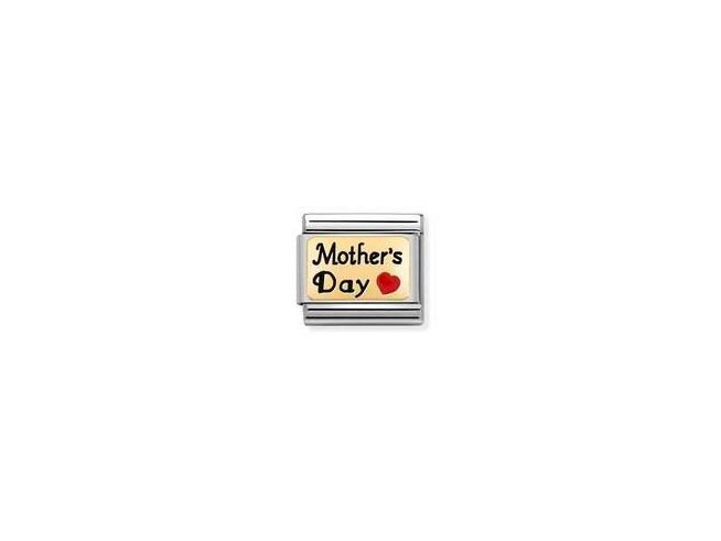 Edelstahl Plaettchen mit Emaile und 750 Gelbgold, beschriftet mit Mother's Day und einem roten Herzen, eignet sich perfekt als Geschenk für Muttertag.