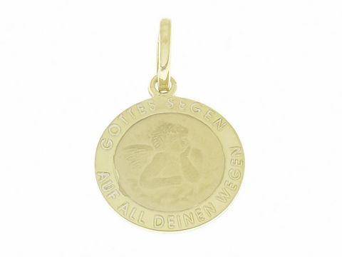 Tauftaler Sterling Silber vergoldet Anhänger mit Schutzengel und der Gravur Gottes Segen auf all deinen Wegen, hergestellt von Juwelier Harnisch.