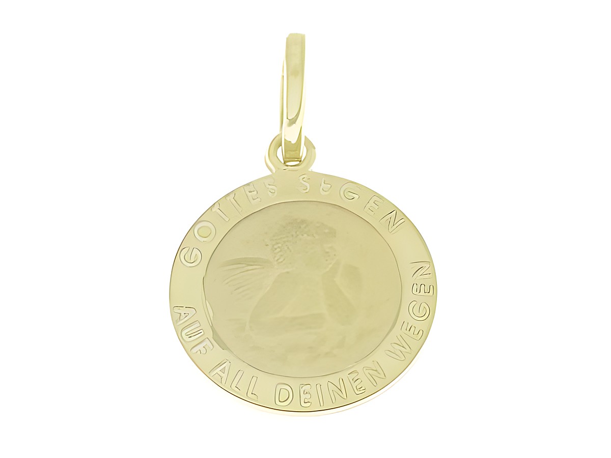 Tauftaler Sterling Silber vergoldet Anhänger mit Schutzengel und der Gravur Gottes Segen auf all deinen Wegen, hergestellt von Juwelier Harnisch.