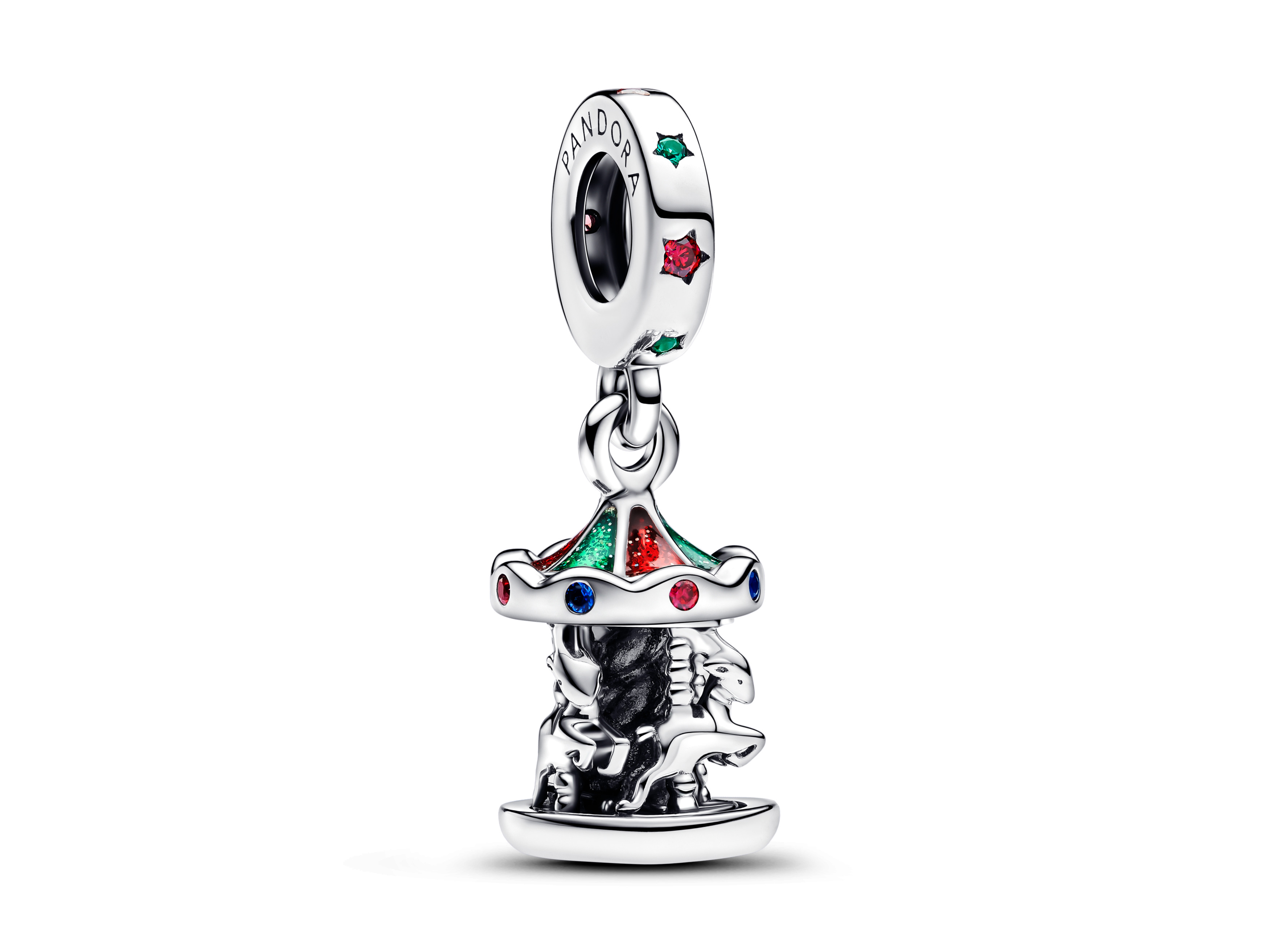 Pandora charm 793586C01 Beweglicher Karussell-Anhänger aus Silber mit glitzerndem rotem und grünem Email, detailreiche Ausführung mit ansprechendem Design, perfekt für Armbänder.