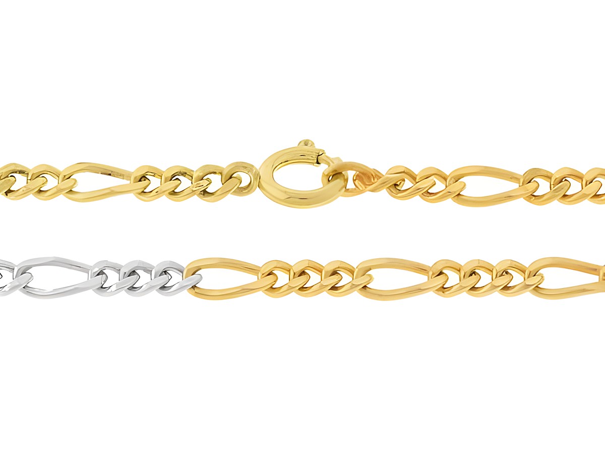 Figarokette 333 Gold tricolor mit einer Länge von 50 cm und einer Gliedergröße von 4 x 1,5 mm, ausgestattet mit einem Federring, hergestellt von Juwelier Harnisch.