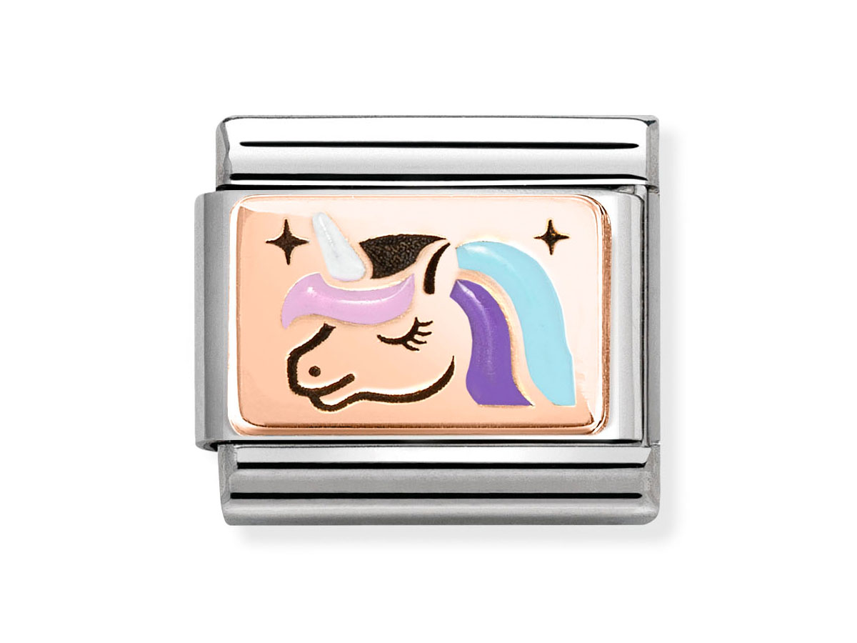 Plättchen aus Roségold mit einem bunten Einhorn-Motiv, umgeben von Sternen, auf einem silbernen Grund, hergestellt von Nomination, ideal für Schmuckliebhaber.