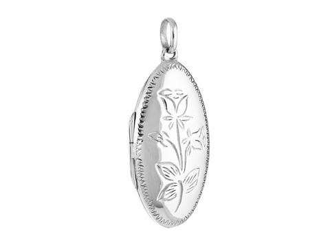 Medaillon Oval aus Silber mit verschnörkeltem Design und floralen Mustern, hergestellt von Juwelier Harnisch, ideal als elegantes Schmuckstück.