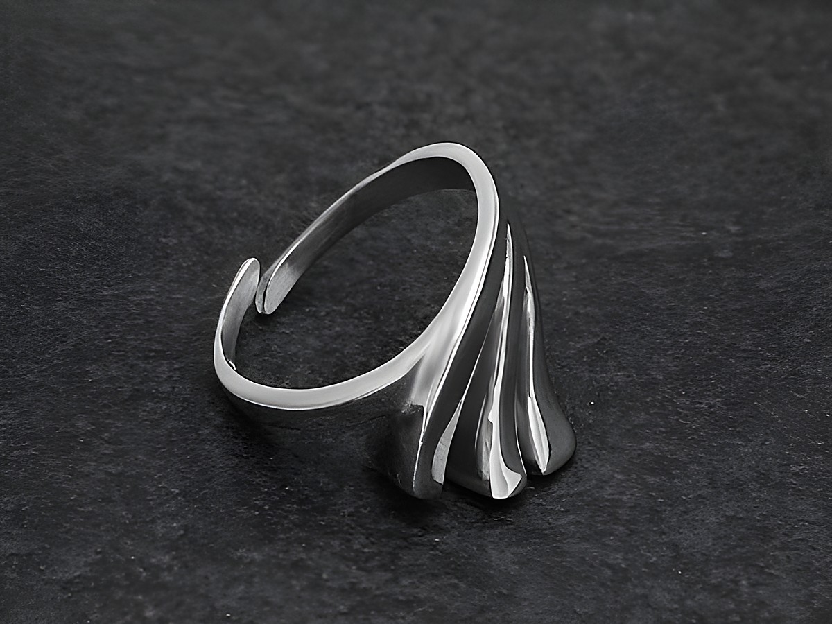 Silberring rho reizvoll, etwas verstellbar, Hersteller Juwelier Harnisch, ohne Stein, rhodiniert, zeigt ein modernes und elegantes Design mit geschwungenen Linien und glänzender Oberfläche.
