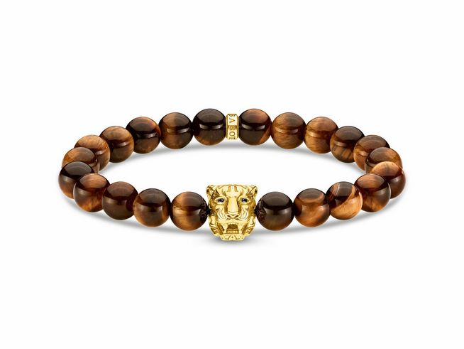 Thomas Sabo Armband A1939-324-2-L19,5 aus vergoldetem Sterlingsilber mit Löwenkopf, Tigeraugenperlen und Zirkonia, Länge 19,5 cm, perfekt für einen stylischen Look.