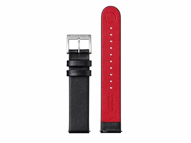 Lederarmband FGM.3118.21Q.1.K von Mondaine aus veganem Traubenleder in Schwarz mit roter Innenseite und Edelstahlverschluss, idealer Ersatz für Uhrenbänder.