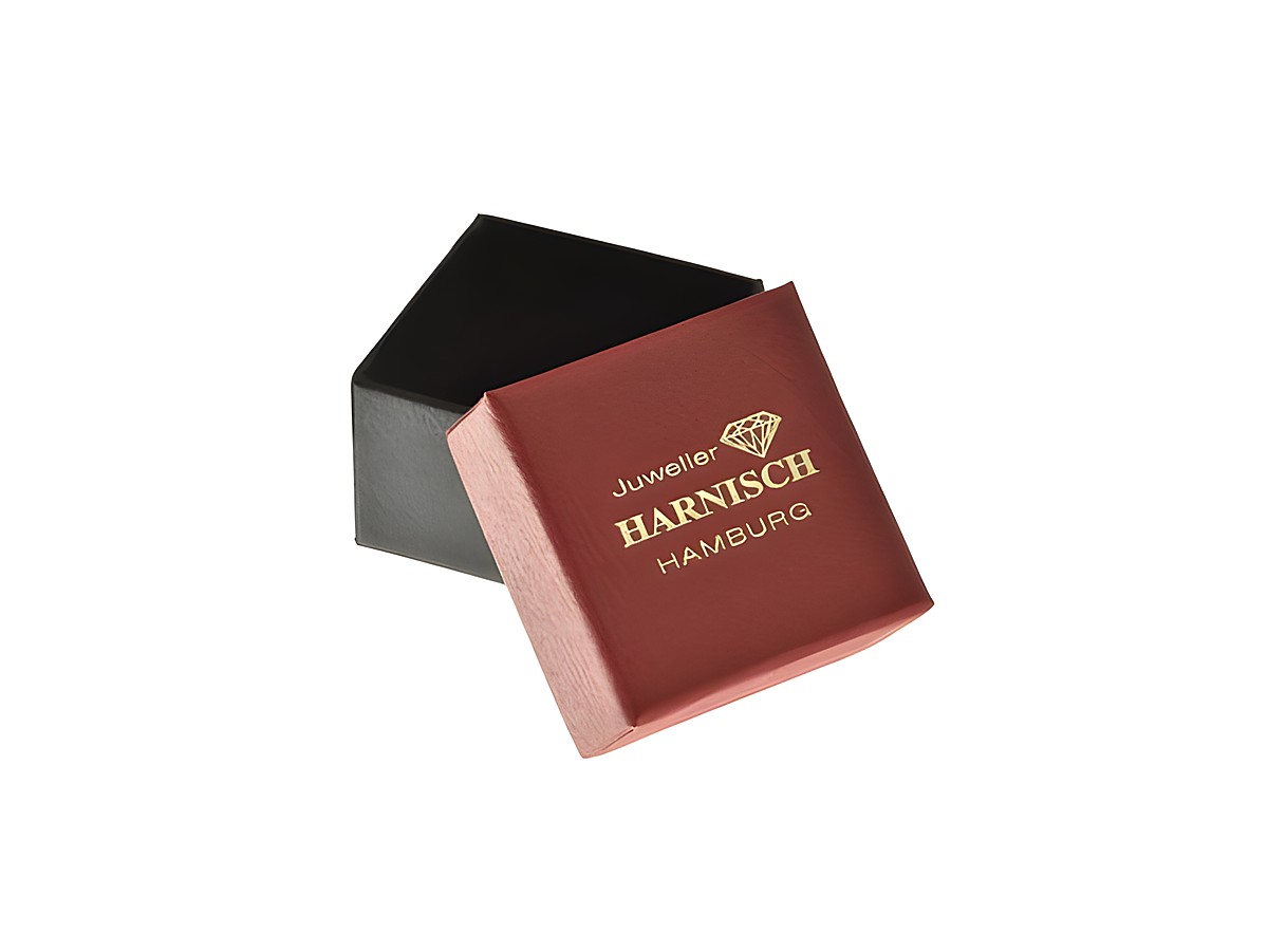 Geschenkbox 4 cm - rot schwarz - elegant, Hersteller: Juwelier Harnisch, Geschenkbox in offenem Zustand mit rot-schwarzem Design und goldenem Logo von Juwelier Harnisch.