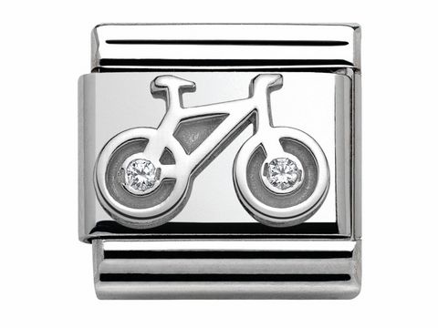Elegantes Charm mit einem Fahrradmotiv aus hochwertigem Silber, verziert mit funkelnden Zirkonia-Steinen, ideal für Liebhaber von Fahrrädern und stilvollen Accessoires.