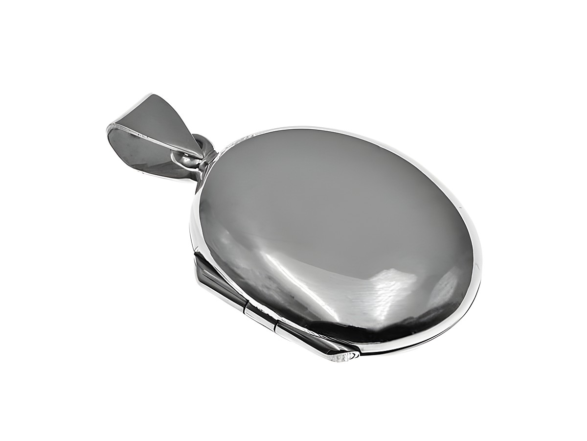 Medaillon Oval in Silber, Halsschmuck von Juwelier Harnisch, mit glänzender Oberfläche und einem stilvollen Aufhänger, perfekt zum Tragen oder Verschenken.