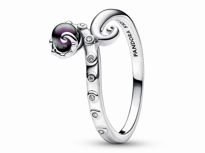 Silberner Ring von Pandora mit einem verschnörkelten Design, einer bunten Glaskugel und funkelnden Zirkonia, Größe 52, inspiriert von Arielle die Meerjungfrau und der Figur Ursula.