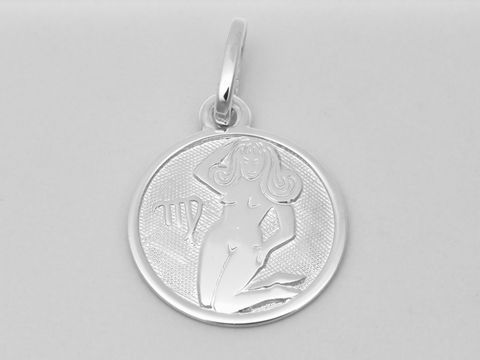 Jungfrau Anhänger aus poliertem Weißgold 585 mit einer Abbildung einer stehenden Frau und dem Sternzeichen-Symbol, Durchmesser 14 mm, Hersteller Juwelier Harnisch.