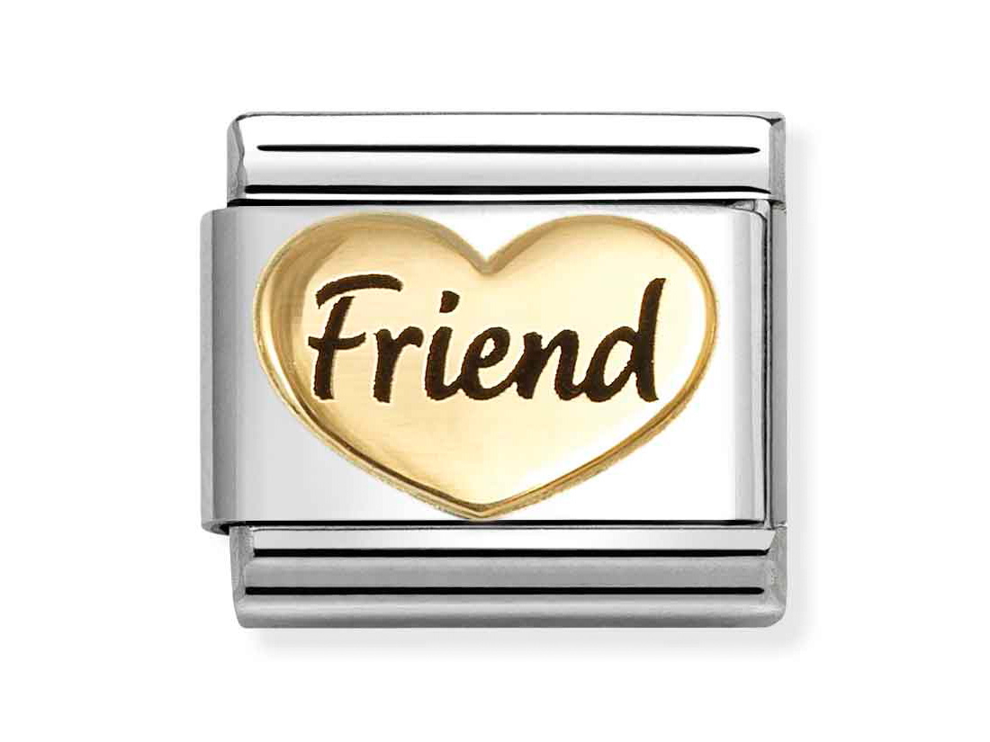 Anhänger aus Silber mit einem goldenen Herz, auf dem das Wort Friend in schwarzer Schrift steht, geeignet für die Schmuckkollektion von Pandora, Modellnummer 030285 84.