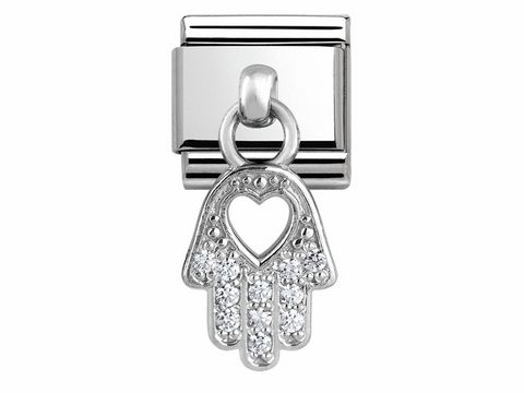 Charms von Nomination mit der Hand der Fatima aus Silber, verziert mit Zirkonia, symbolisiert Schutz und Glück. Ideal für persönliche Armbänder und Schmuckdesigns.