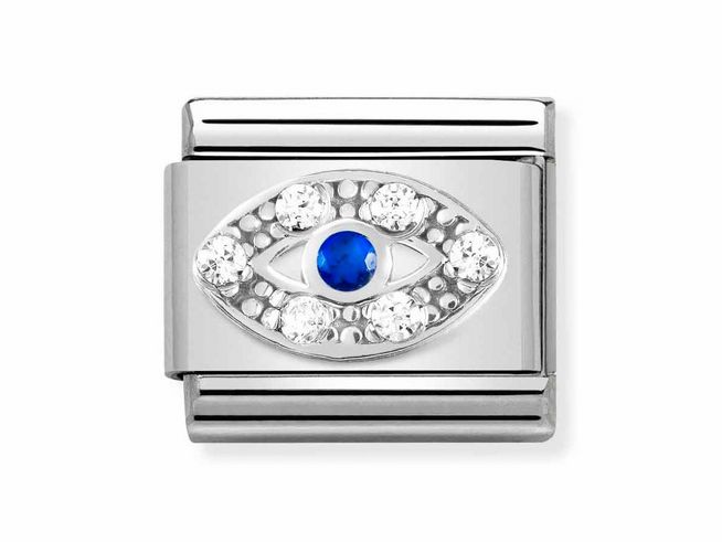 Silbernes Steling mit einem klassischen Auge-Design, verziert mit einem blauen Stein und funkelnden Kristallen, aus Edelstahl von Nomination, Silvershine Motive.