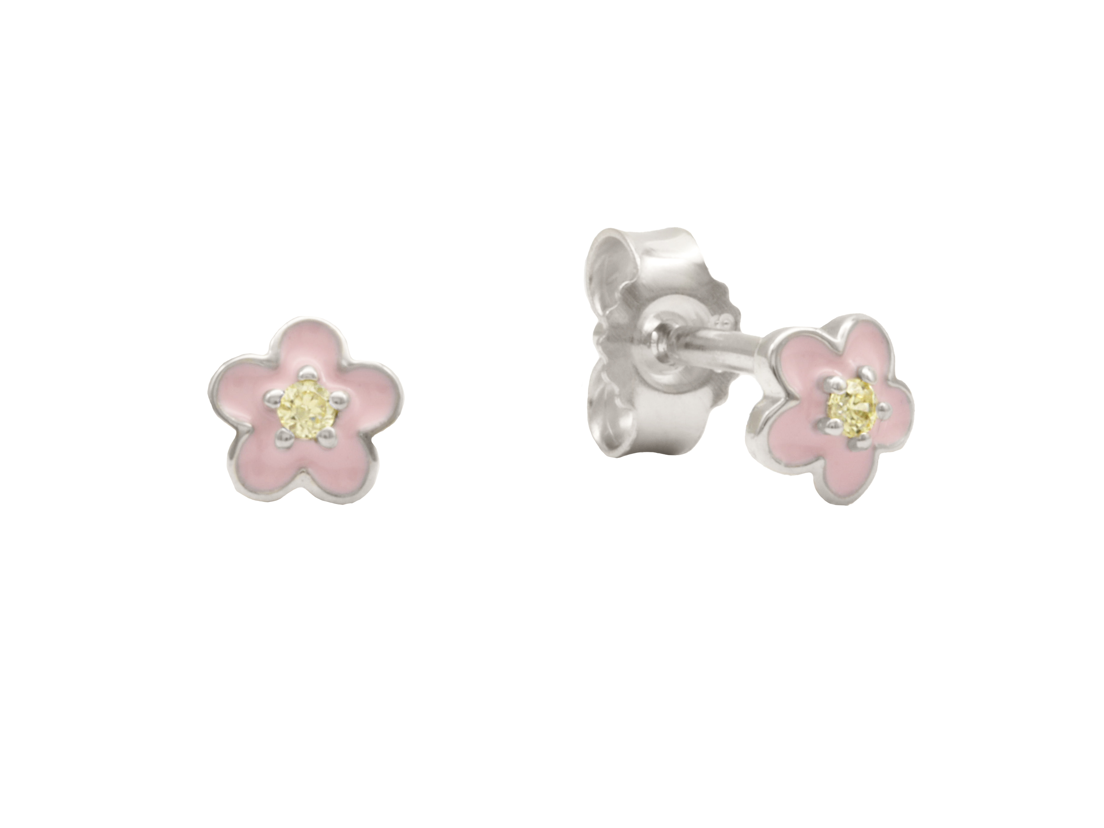 Ohrstecker in Blumenform aus Sterling Silber 925, rhodiniert und poliert, mit rosa Lack und Zirkonia, idealer Kinderschmuck von Juwelier Harnisch für Kinder.