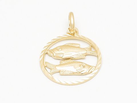 Goldener Anhänger für das Sternzeichen Fische, diamantiert, mit zwei stilisierten Fischen, Durchmesser 17 mm, hergestellt von Juwelier Harnisch.