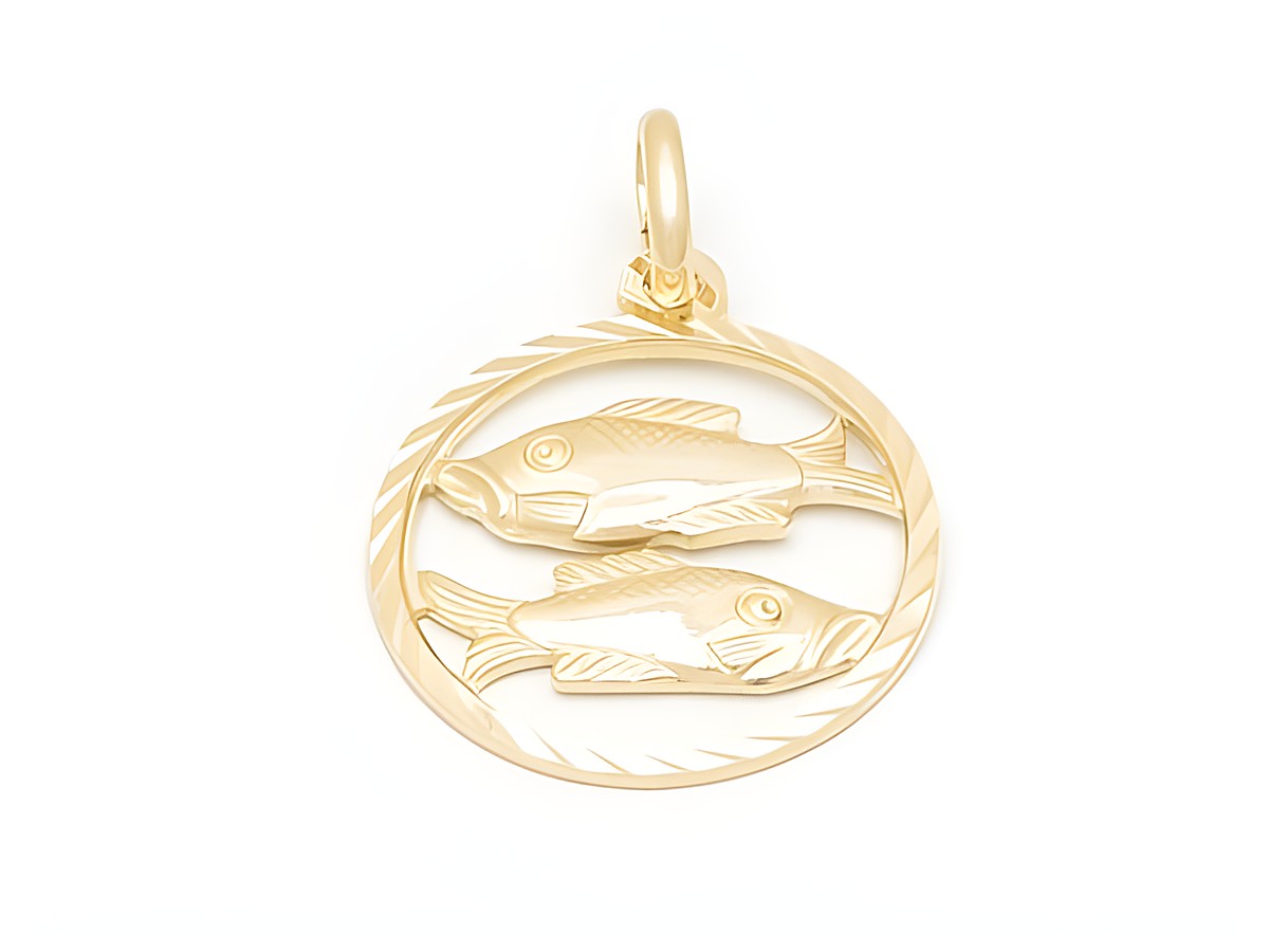 Goldener Anhänger für das Sternzeichen Fische, diamantiert, mit zwei stilisierten Fischen, Durchmesser 17 mm, hergestellt von Juwelier Harnisch.