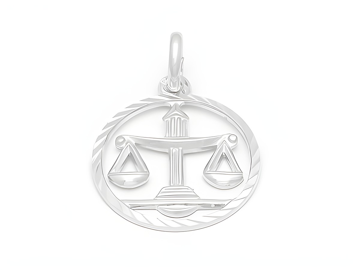 Waage Sternzeichen Anhänger aus sterling Silber, diamantiert, mit einem detaillierten Wiegemotiv, umgeben von einem gedrehten Rand, hergestellt von Juwelier Harnisch, ideal für Liebhaber des Sternzeichens Waage.