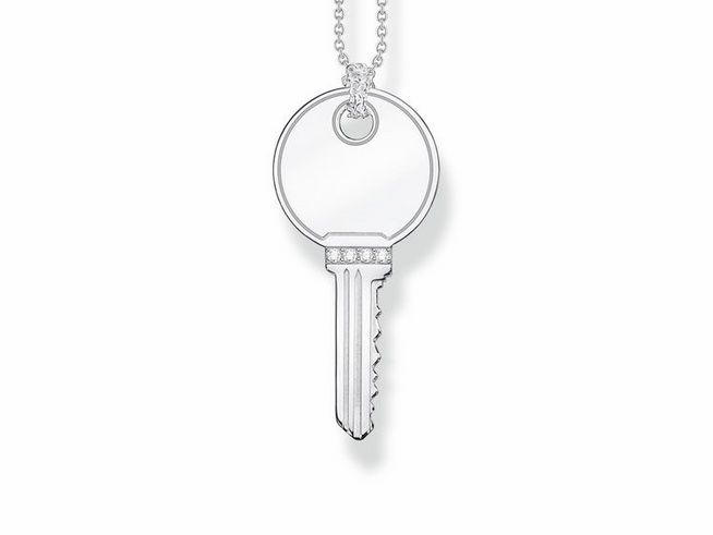 Silberne Thomas Sabo Gravur Kette mit Schlüssel Anhänger mit Zirkonia, Länge 45-50 cm, elegantes Design für stilvolle Akzente.