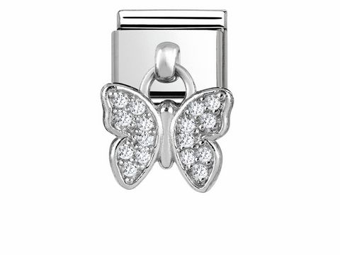Schmetterling Charm aus Silber mit funkelnden Zirkonia-Steinen, designed von Nomination, ideal für persönliche Schmuckgestaltungen.