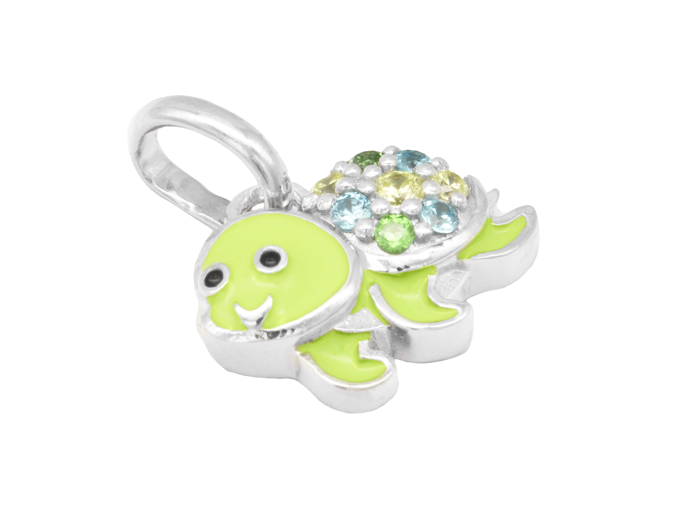 Schildkröten Anhänger in rhodiniertem Sterling Silber, poliert, mit grünem Lack und Zirkonia in verschiedenen Farben, ideal für Kinder, Hersteller Juwelier Harnisch.