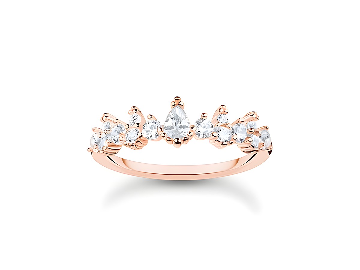 Ring aus vergoldetem Roségold mit Zirkonia-Steinen in einer eleganten Anordnung, Größe 58, Modell TR2415-416-14-58 von Thomas Sabo.