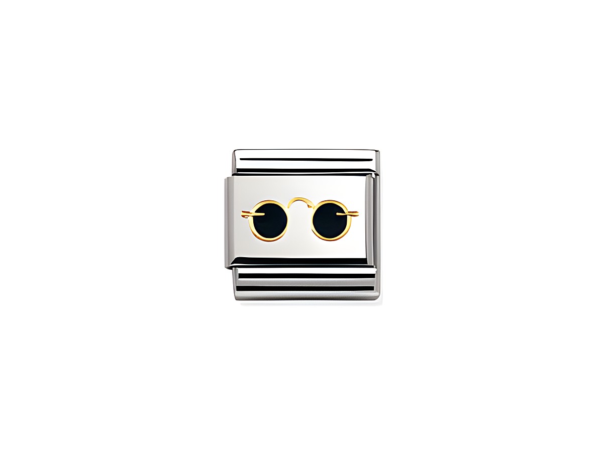 Elegante silberne Emaillie mit einer Darstellung von einer Sonnenbrille in Schwarz und Gold, designed von Nomination, Peace & Love, ideal für stilvolle Akzente.