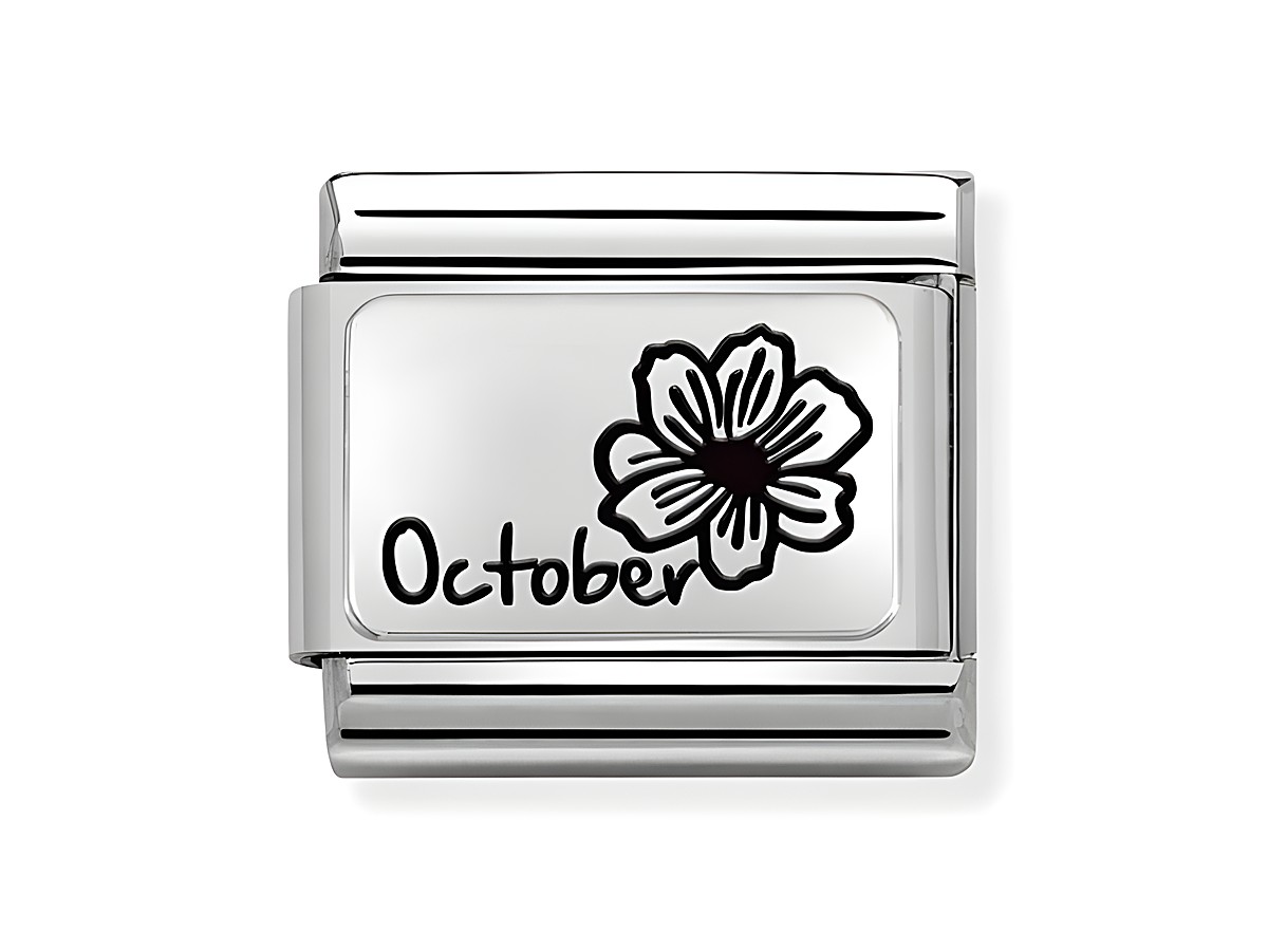 Edelstahl Charm von Nomination Classic Silber mit einer Abbildung einer Oktoberblume und der Aufschrift Oktober, geeignet für Sternzeichen und Monatssteine.