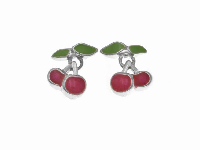 Ohrstecker Sterling Silber mit beweglichen Kirschen in pink und grünem Lack, poliert und rhodiniert, hergestellt von Juwelier Harnisch, ideal für Kinder.