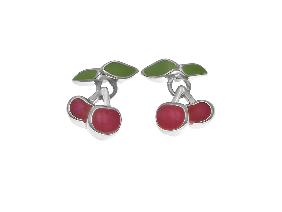 Ohrstecker Sterling Silber mit beweglichen Kirschen in pink und grünem Lack, poliert und rhodiniert, hergestellt von Juwelier Harnisch, ideal für Kinder.