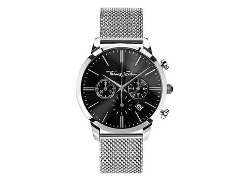 Thomas Sabo Herrenuhr Chronograph WA0245-201-203 mit schwarzem Ziffernblatt, silbernem Gehäuse und Milanaise-Armband, elegantes Design für stilbewusste Männer.