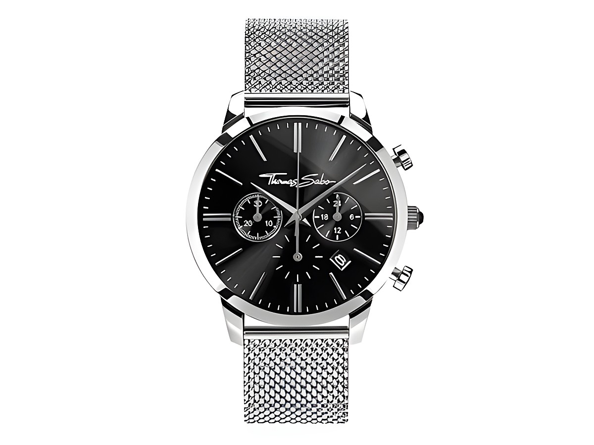 Thomas Sabo Herrenuhr Chronograph WA0245-201-203 mit schwarzem Ziffernblatt, silbernem Gehäuse und Milanaise-Armband, elegantes Design für stilbewusste Männer.