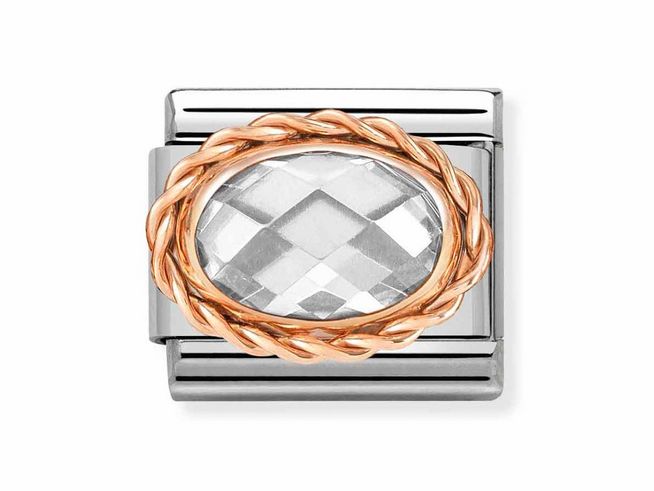 Edelstahl Charm von Nomination in Roségold mit ovalem Zirkonia in weiß, elegantes Design mit geflochtenem Rand, ideal für stilvolle Armbänder.