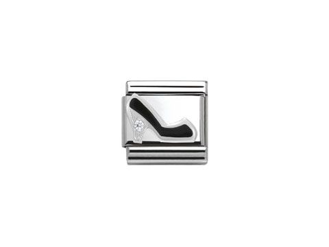 Schmuckelement in Form eines schwarzen Schuhs mit Absatz, verziert mit einem Zirkonia, hergestellt von Nomination, Modell Classic 330305 09. Ideal für stilbewusste Frauen.