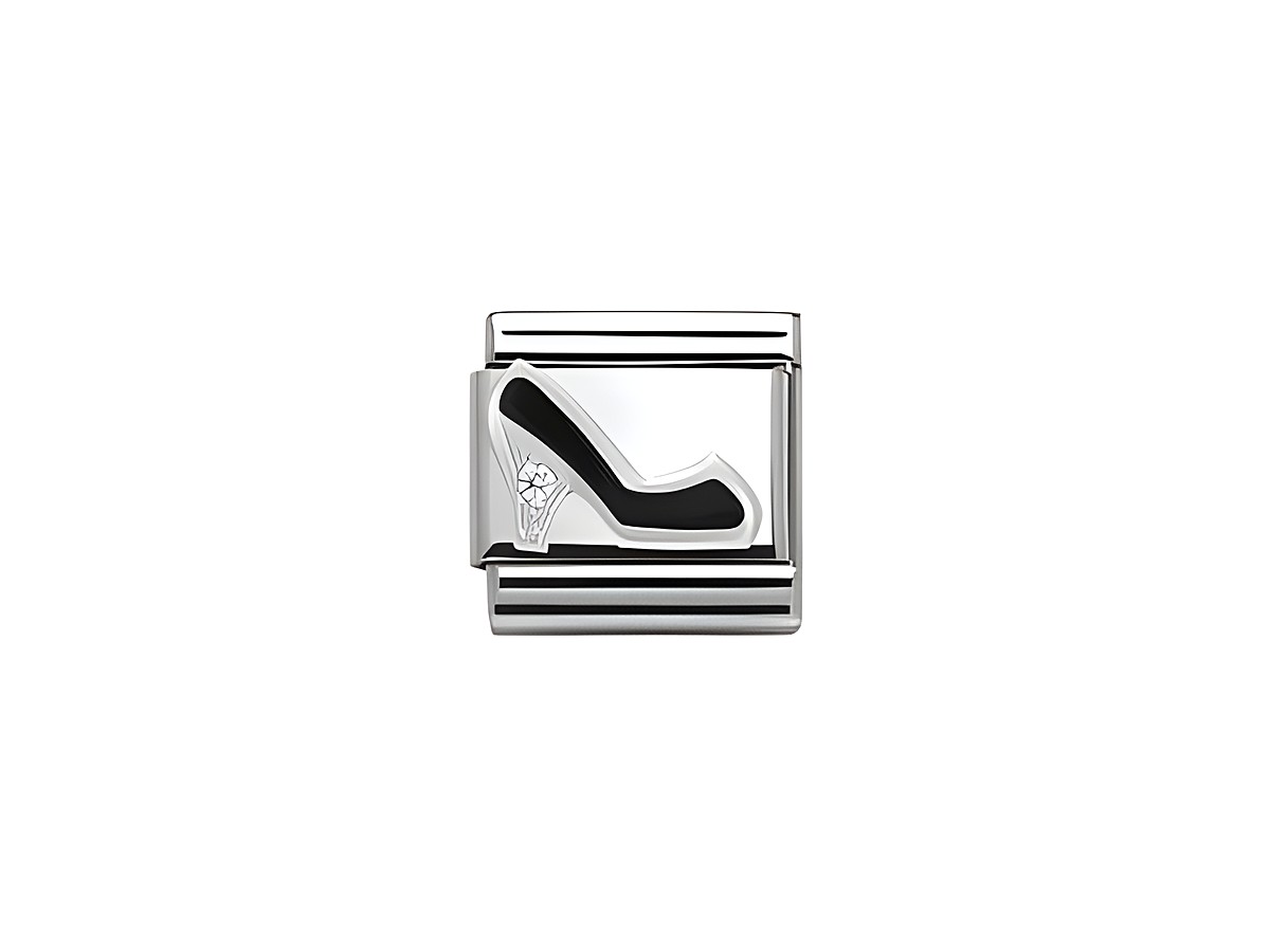 Schmuckelement in Form eines schwarzen Schuhs mit Absatz, verziert mit einem Zirkonia, hergestellt von Nomination, Modell Classic 330305 09. Ideal für stilbewusste Frauen.