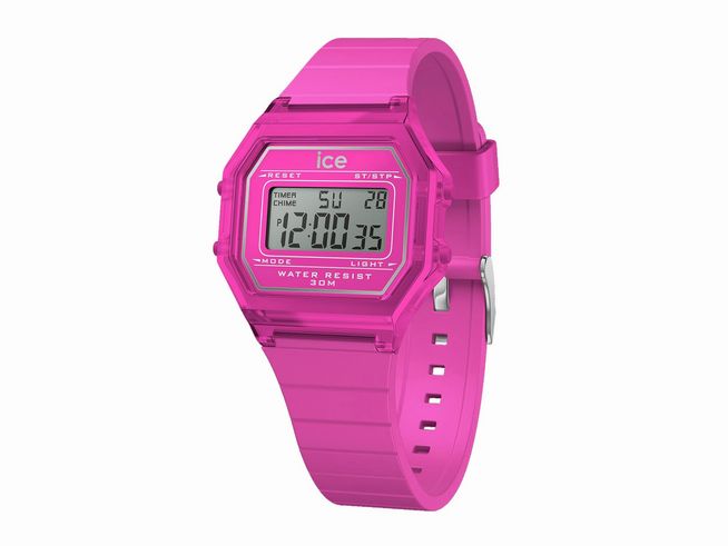 Ice Watch Uhr 022887 in Neon Pink mit klarem Gehäuse und silberfarbenem Zifferblatt, digitales Display, wasserdicht bis 30 Meter, stylisches und modernes Design, Größe Small.