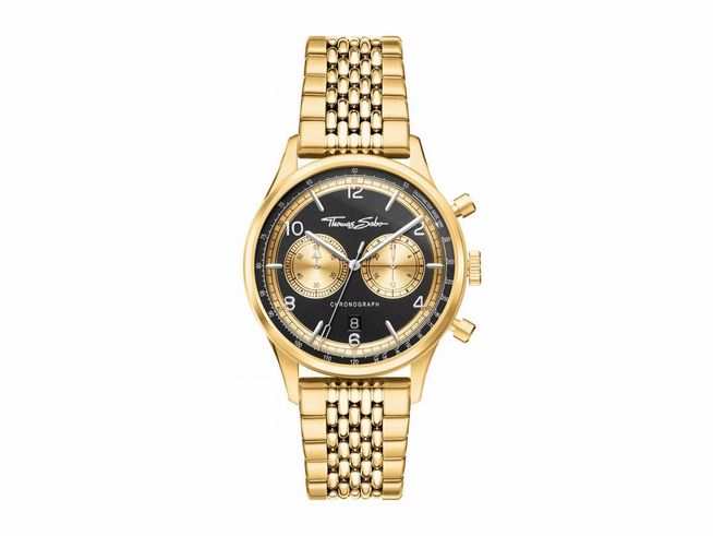 Thomas Sabo Herrenuhr WA0376-264-203 mit gebürstetem Edelstahlgehäuse, gelbgold vergoldet, schwarzem Ziffernblatt und Chronographen-Funktion. Ideal für stilbewusste Männer.