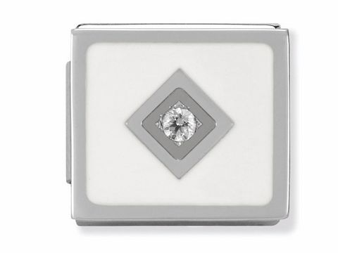 Weißes Emaille-Symbol in rautenförmiger Form mit einem zentralen weißen Zirkonia, umgeben von einem grauen Rahmen, hergestellt von Nomination, Steel IKONS.