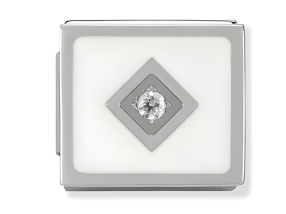 Weißes Emaille-Symbol in rautenförmiger Form mit einem zentralen weißen Zirkonia, umgeben von einem grauen Rahmen, hergestellt von Nomination, Steel IKONS.