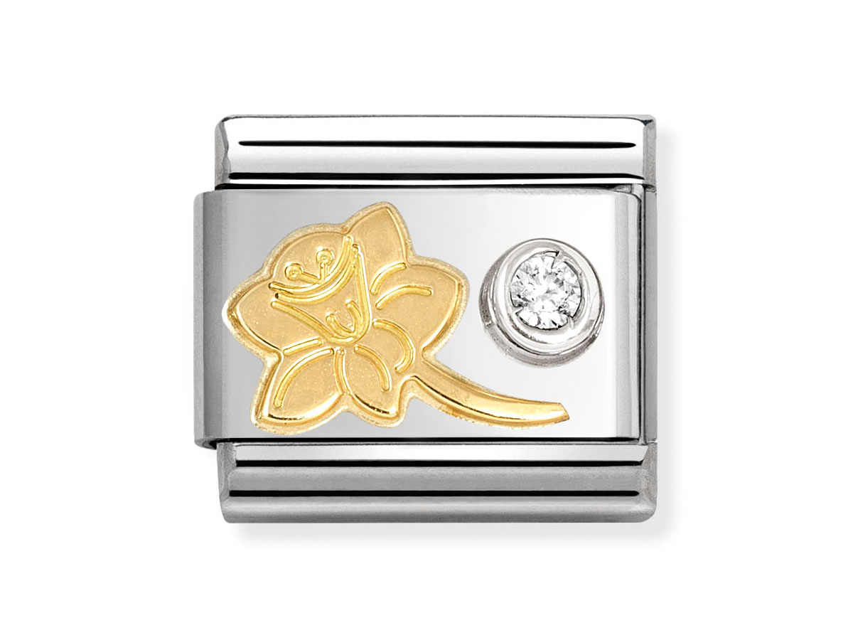 Ein Charm Element in Sterling Silber mit einer goldenen Narzisse und einem weißen Zirkonia. Das Design ist elegant und modern, ideal für individuelle Schmuckstücke von Nomination.