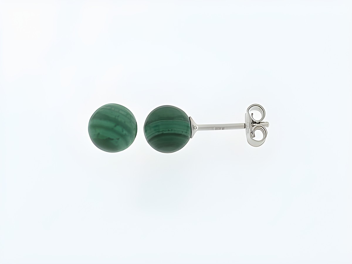 Silber Ohrringe mit Kugeln aus Malachit, zeitloses Design, Steckerform, Hersteller Juwelier Harnisch, ideal für jeden Anlass.