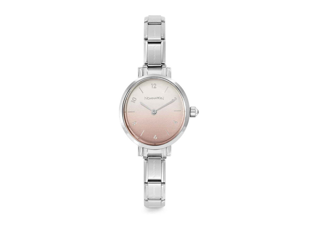 Edelstahl Armbanduhr von Nomination mit ovalem Zifferblatt in Rosabstufung, zarte Zeiger und Strichindizes, elegantem Armband, zeitloses Design, ideal für besondere Anlässe.