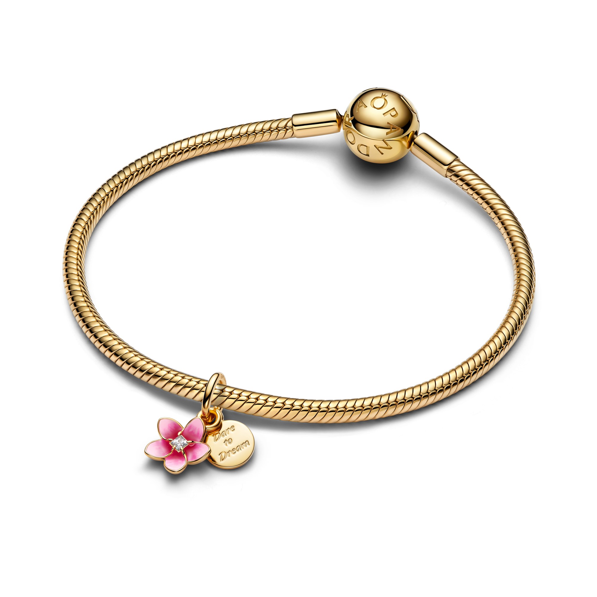 Pandora Disney Vaiana Blumen Charm - Zirkonia - Emaille Pink - Gelbgold Vergoldung – Ansicht 2