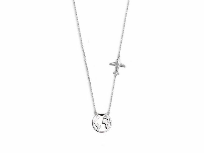 Xenox Sterling Silber Kette XS3161 in der Länge 40-45 cm mit einem Anhänger in Form einer Weltkugel und einem Flugzeug, ideal für Reisefreunde und Abenteuerlustige.